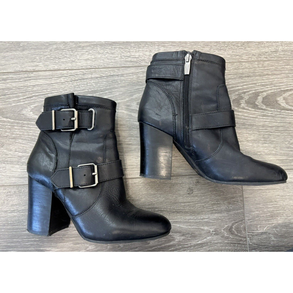 Vince Camuto‎ Simlee Double Buckle Block Heel Bootie Black Ramano Leather 6.5 M